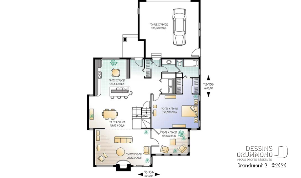 Rez-de-chaussée - Plan de maison style chalet 3 chambres pour vue panoramique, garage, foyer, grande terrasse - Grandmont 2