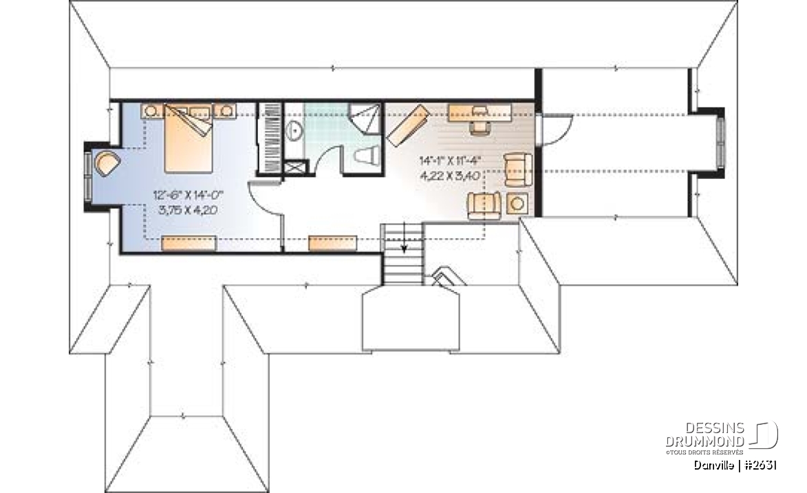 Étage - Plan pour maison, terrain étroit et bord de lac, 3 à 4 chambres, solarium, garage - Danville