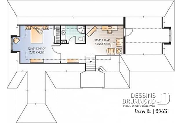 Étage - Plan pour maison, terrain étroit et bord de lac, 3 à 4 chambres, solarium, garage - Danville