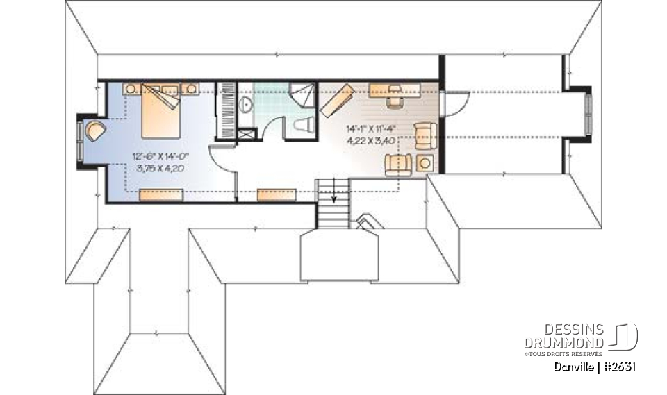 Étage - Plan pour maison, terrain étroit et bord de lac, 3 à 4 chambres, solarium, garage - Danville