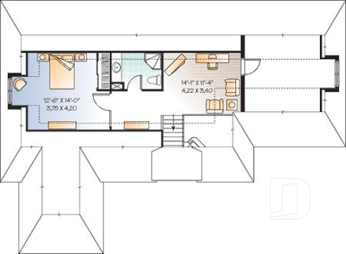 Étage - Plan pour maison, terrain étroit et bord de lac, 3 à 4 chambres, solarium, garage - Danville