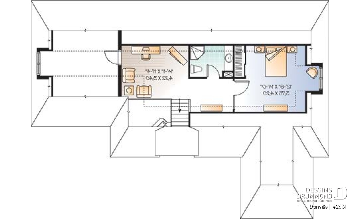 Étage - Plan pour maison, terrain étroit et bord de lac, 3 à 4 chambres, solarium, garage - Danville