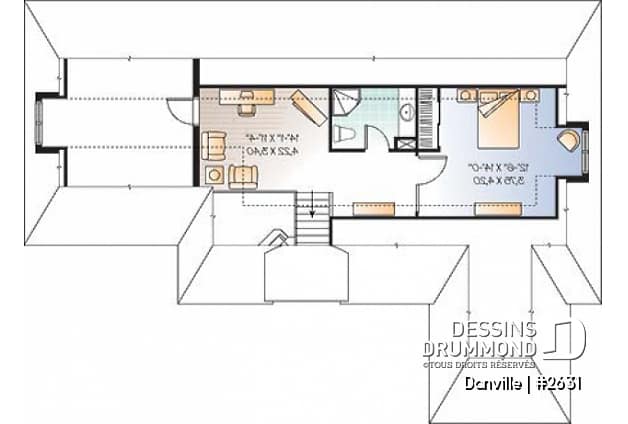 Étage - Plan pour maison, terrain étroit et bord de lac, 3 à 4 chambres, solarium, garage - Danville