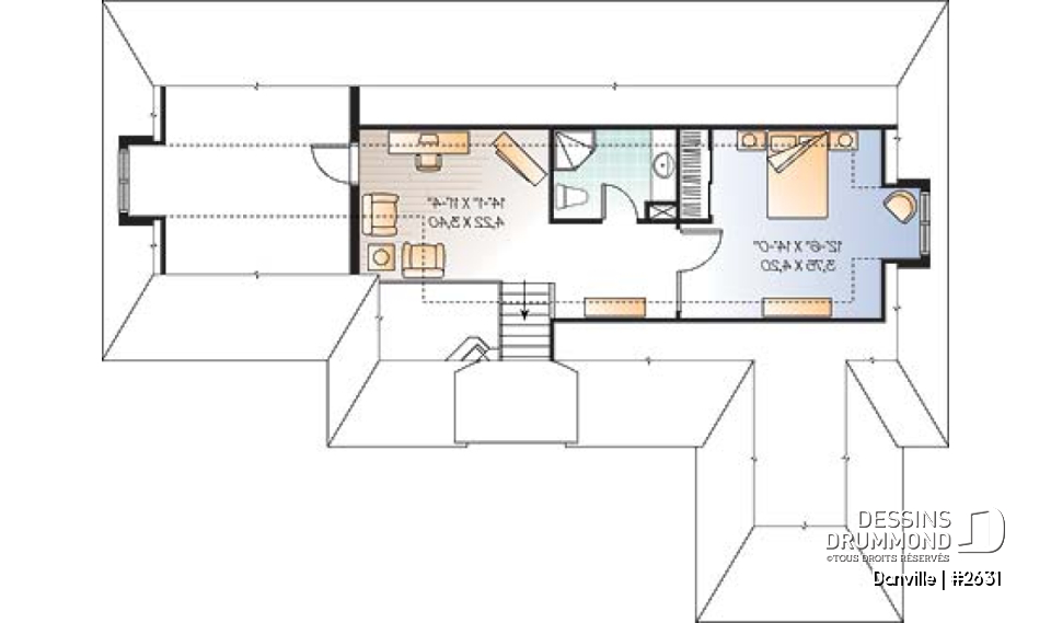 Étage - Plan pour maison, terrain étroit et bord de lac, 3 à 4 chambres, solarium, garage - Danville