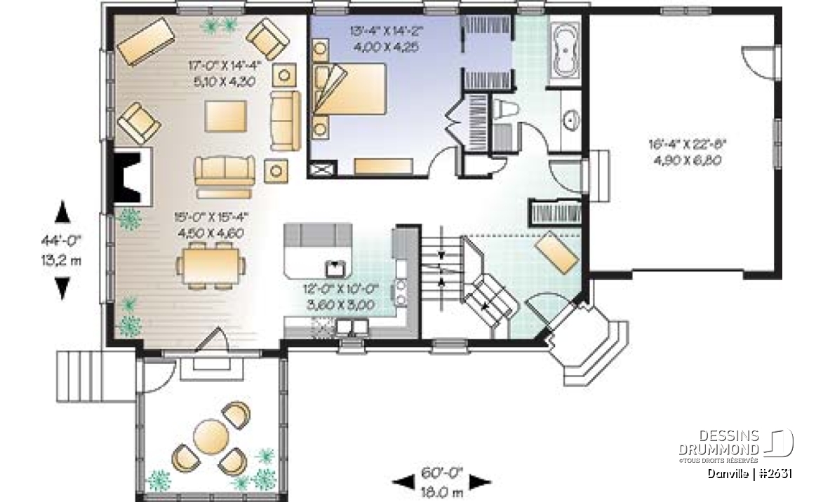 Rez-de-chaussée - Plan pour maison, terrain étroit et bord de lac, 3 à 4 chambres, solarium, garage - Danville