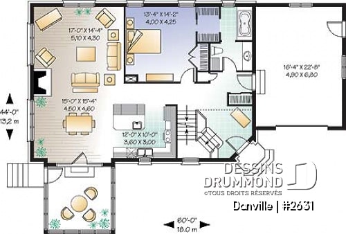 Rez-de-chaussée - Plan pour maison, terrain étroit et bord de lac, 3 à 4 chambres, solarium, garage - Danville