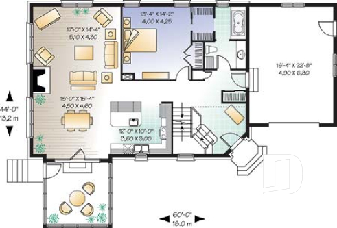 Rez-de-chaussée - Plan pour maison, terrain étroit et bord de lac, 3 à 4 chambres, solarium, garage - Danville