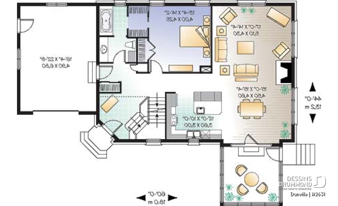 Rez-de-chaussée - Plan pour maison, terrain étroit et bord de lac, 3 à 4 chambres, solarium, garage - Danville