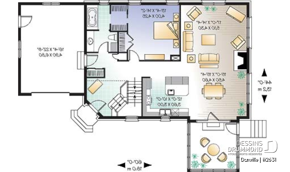 Rez-de-chaussée - Plan pour maison, terrain étroit et bord de lac, 3 à 4 chambres, solarium, garage - Danville