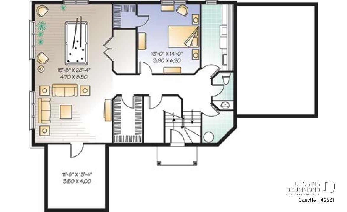 Sous-sol - Plan pour maison, terrain étroit et bord de lac, 3 à 4 chambres, solarium, garage - Danville