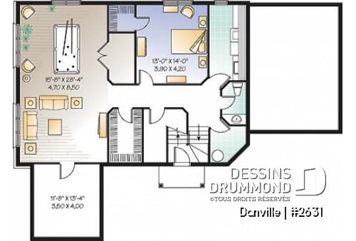 Sous-sol - Plan pour maison, terrain étroit et bord de lac, 3 à 4 chambres, solarium, garage - Danville