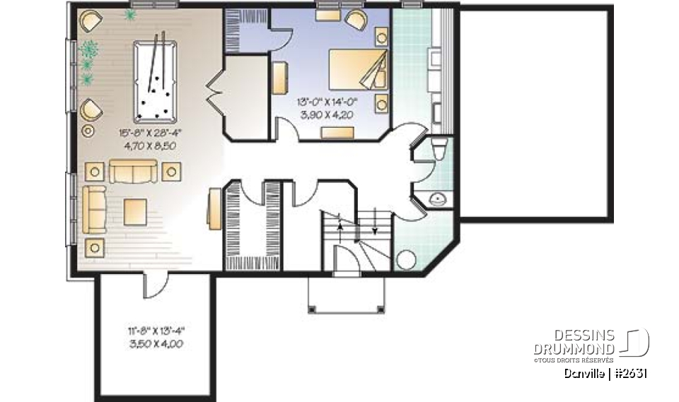 Sous-sol - Plan pour maison, terrain étroit et bord de lac, 3 à 4 chambres, solarium, garage - Danville