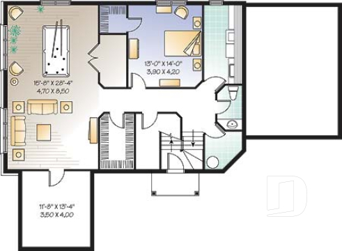 Sous-sol - Plan pour maison, terrain étroit et bord de lac, 3 à 4 chambres, solarium, garage - Danville