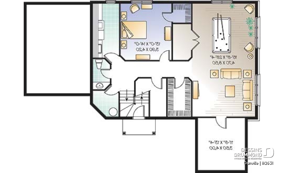 Sous-sol - Plan pour maison, terrain étroit et bord de lac, 3 à 4 chambres, solarium, garage - Danville