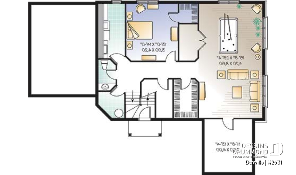 Sous-sol - Plan pour maison, terrain étroit et bord de lac, 3 à 4 chambres, solarium, garage - Danville
