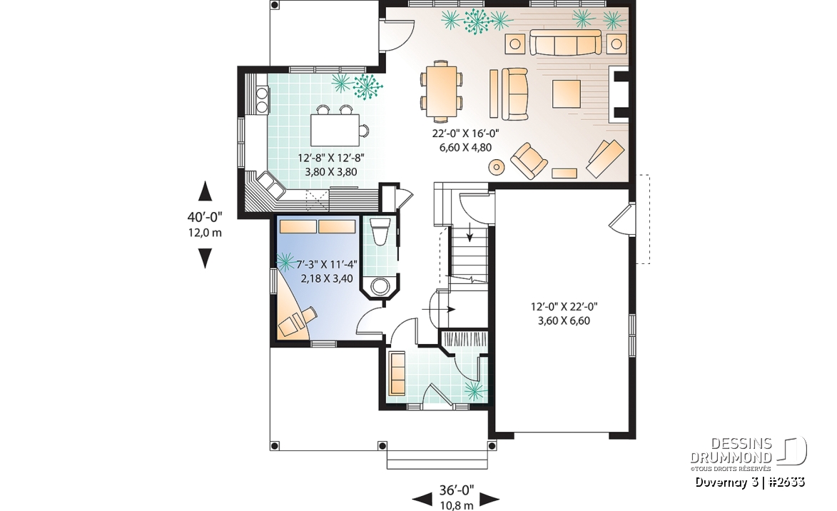 Rez-de-chaussée - Plan de maison Tudor, 3 à 4 chambres, îlot, foyer, bureau à domicile, buanderie à l'étage, espace boni - Duvernay 3