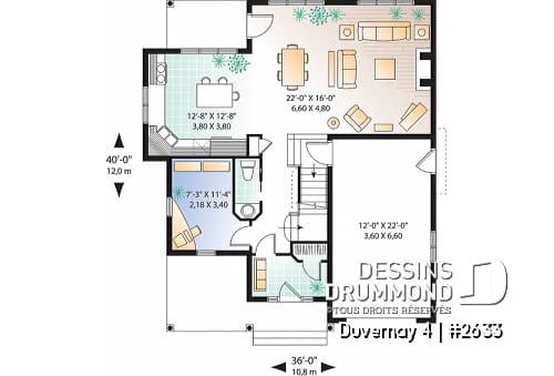 Rez-de-chaussée - Plan de maison Tudor, 3 à 4 chambres, îlot, foyer, bureau à domicile, buanderie à l'étage, espace boni - Duvernay 4