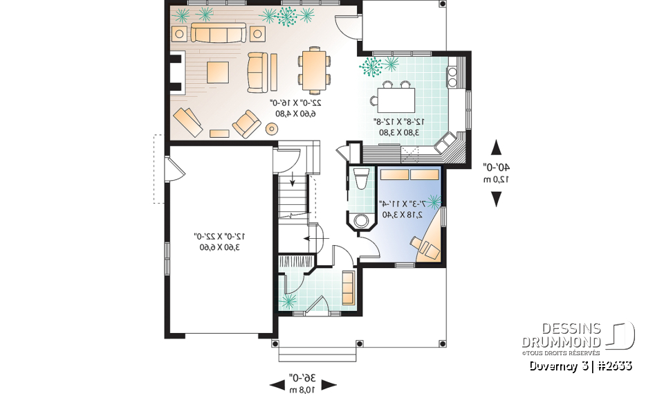 Rez-de-chaussée - Plan de maison Tudor, 3 à 4 chambres, îlot, foyer, bureau à domicile, buanderie à l'étage, espace boni - Duvernay 3