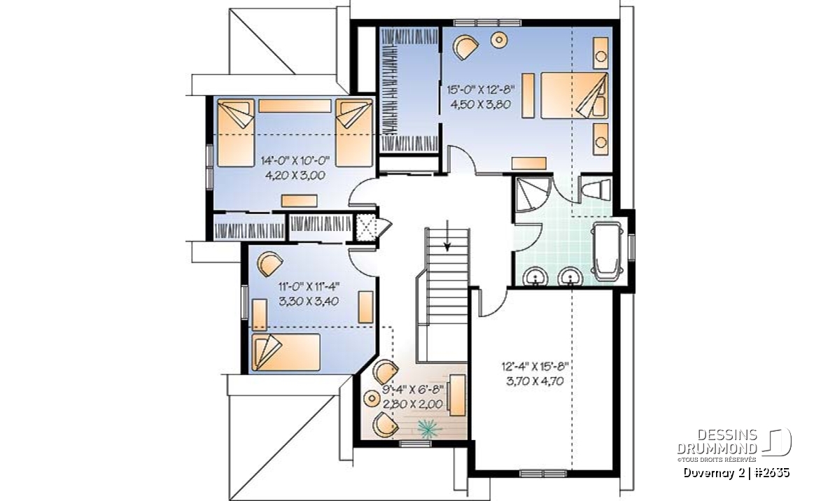 Étage - Plan maison inspiration Tudor, 3 à 4 chambres, salle familiale avec foyer, espace boni - Duvernay 2