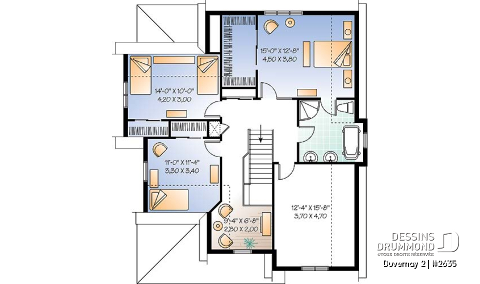 Étage - Plan maison inspiration Tudor, 3 à 4 chambres, salle familiale avec foyer, espace boni - Duvernay 2