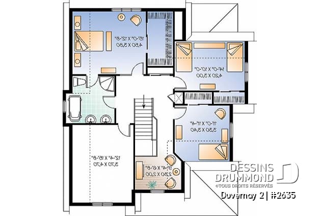Étage - Plan maison inspiration Tudor, 3 à 4 chambres, salle familiale avec foyer, espace boni - Duvernay 2