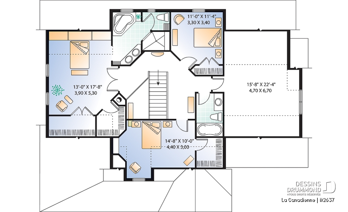 Étage - Plan de maison à étage, garage double latéral, 3-4 chambres, pièce boni, grande cuisine coin déjeuner, bureau - La Canadienne