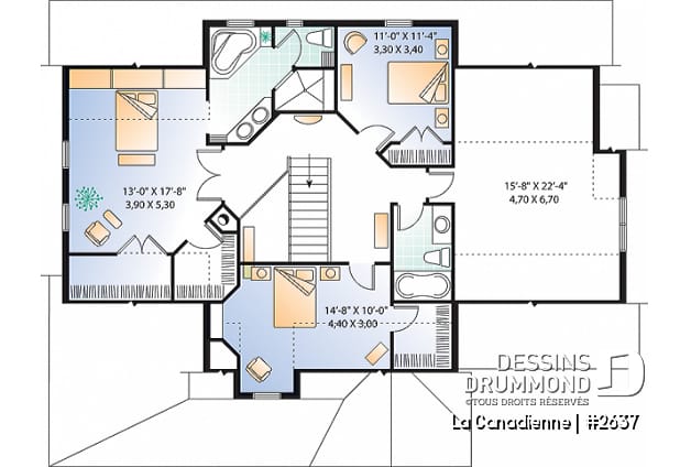 Étage - Plan de maison à étage, garage double latéral, 3-4 chambres, pièce boni, grande cuisine coin déjeuner, bureau - La Canadienne