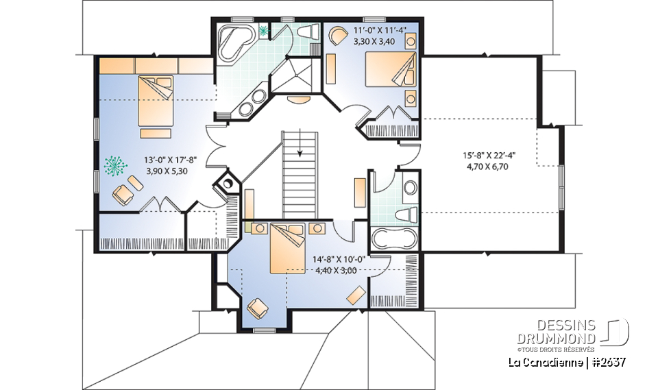 Étage - Plan de maison à étage, garage double latéral, 3-4 chambres, pièce boni, grande cuisine coin déjeuner, bureau - La Canadienne