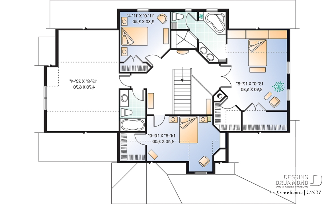 Étage - Plan de maison à étage, garage double latéral, 3-4 chambres, pièce boni, grande cuisine coin déjeuner, bureau - La Canadienne