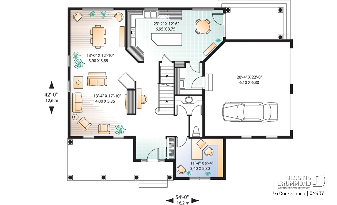 Rez-de-chaussée - Plan de maison à étage, garage double latéral, 3-4 chambres, pièce boni, grande cuisine coin déjeuner, bureau - La Canadienne