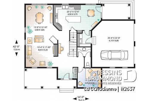 Rez-de-chaussée - Plan de maison à étage, garage double latéral, 3-4 chambres, pièce boni, grande cuisine coin déjeuner, bureau - La Canadienne