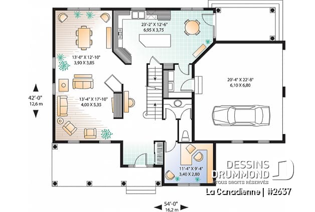 Rez-de-chaussée - Plan de maison à étage, garage double latéral, 3-4 chambres, pièce boni, grande cuisine coin déjeuner, bureau - La Canadienne