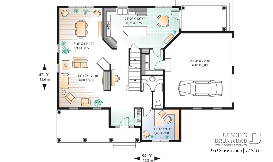 Rez-de-chaussée - Plan de maison à étage, garage double latéral, 3-4 chambres, pièce boni, grande cuisine coin déjeuner, bureau - La Canadienne