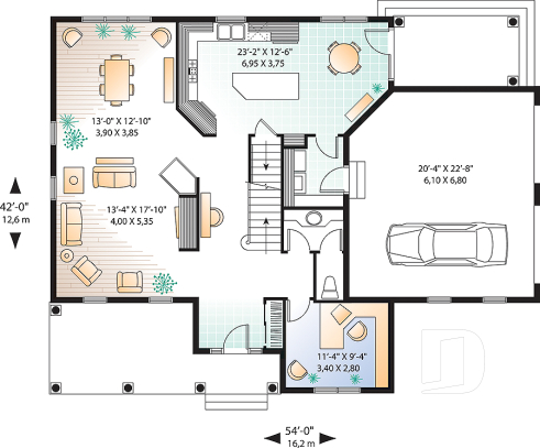 Rez-de-chaussée - Plan de maison à étage, garage double latéral, 3-4 chambres, pièce boni, grande cuisine coin déjeuner, bureau - La Canadienne