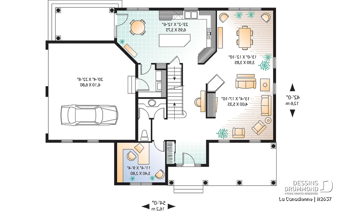 Rez-de-chaussée - Plan de maison à étage, garage double latéral, 3-4 chambres, pièce boni, grande cuisine coin déjeuner, bureau - La Canadienne