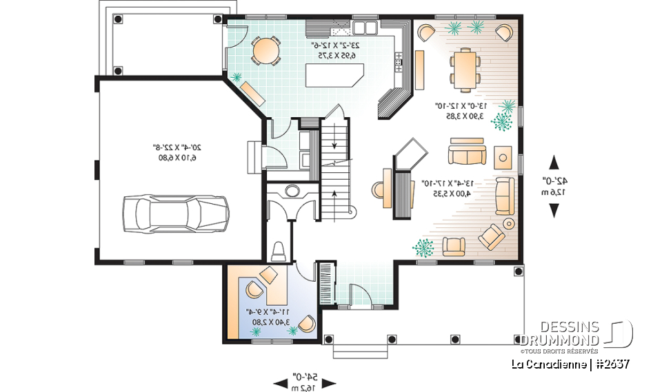 Rez-de-chaussée - Plan de maison à étage, garage double latéral, 3-4 chambres, pièce boni, grande cuisine coin déjeuner, bureau - La Canadienne