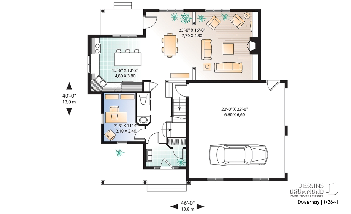 Rez-de-chaussée - Plan de maison avec espace boni, 3 à 4 chambres, suite des parents, bureau, îlot à la cuisine, garage double - Duvernay
