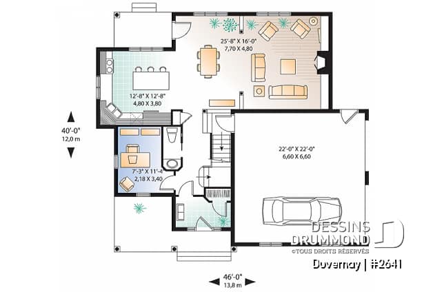 Rez-de-chaussée - Plan de maison avec espace boni, 3 à 4 chambres, suite des parents, bureau, îlot à la cuisine, garage double - Duvernay