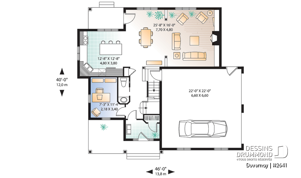 Rez-de-chaussée - Plan de maison avec espace boni, 3 à 4 chambres, suite des parents, bureau, îlot à la cuisine, garage double - Duvernay