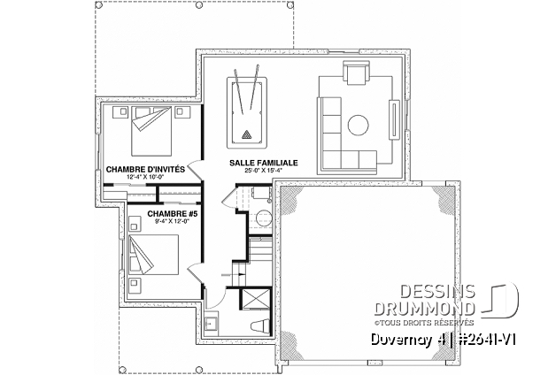 Sous-sol aménagé (Optionel $) du plan de maison unifamiliale 2641-V1 Sous-sol aménagé (Optionel $) - Spacieuse Farmhouse 4 à 6 chambres, sous-sol aménagé optionnel ($), garage double, salle de jeux, bureau - Duvernay 4