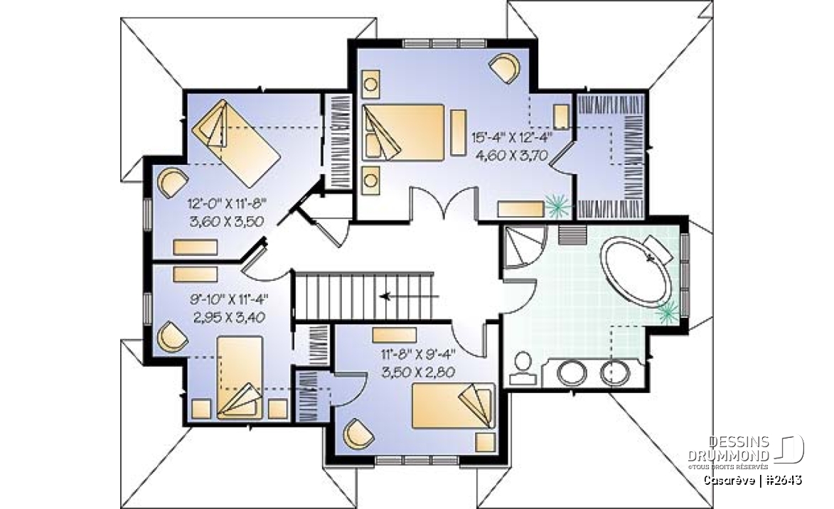 Étage - Plan de maison 4 chambres, grande salle de lavage, vestibule avec garde-robe, foyer 2 faces, 4 ch. - Casarêve
