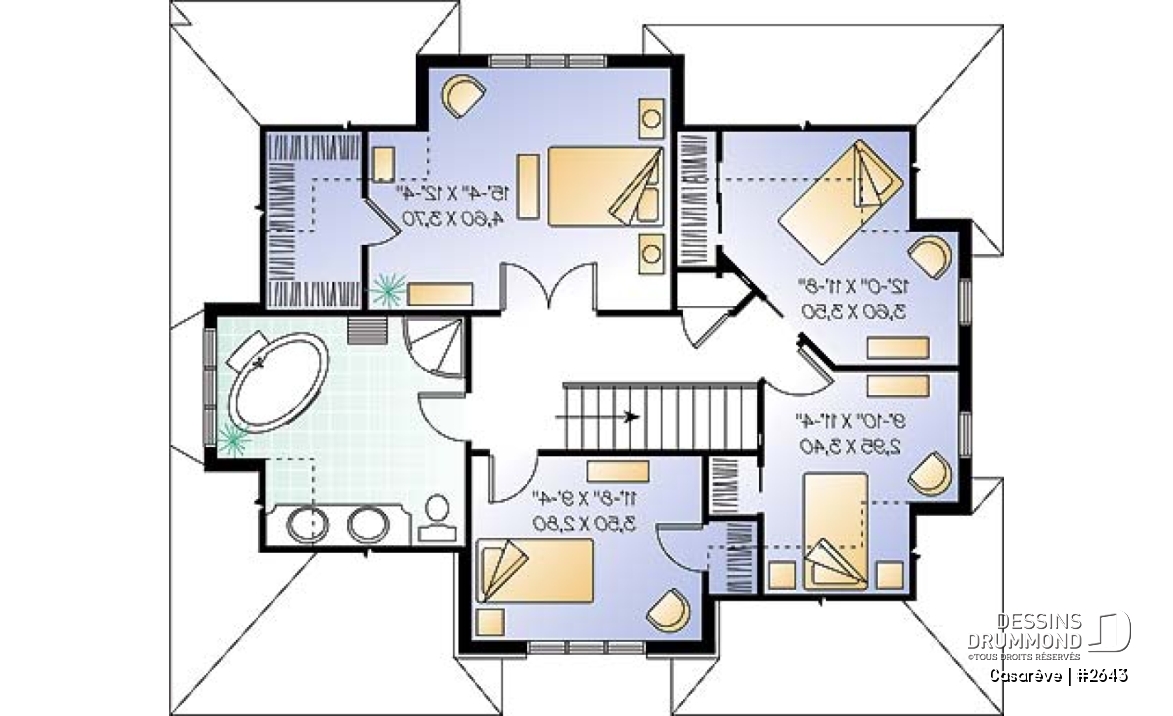 Étage - Plan de maison 4 chambres, grande salle de lavage, vestibule avec garde-robe, foyer 2 faces, 4 ch. - Casarêve
