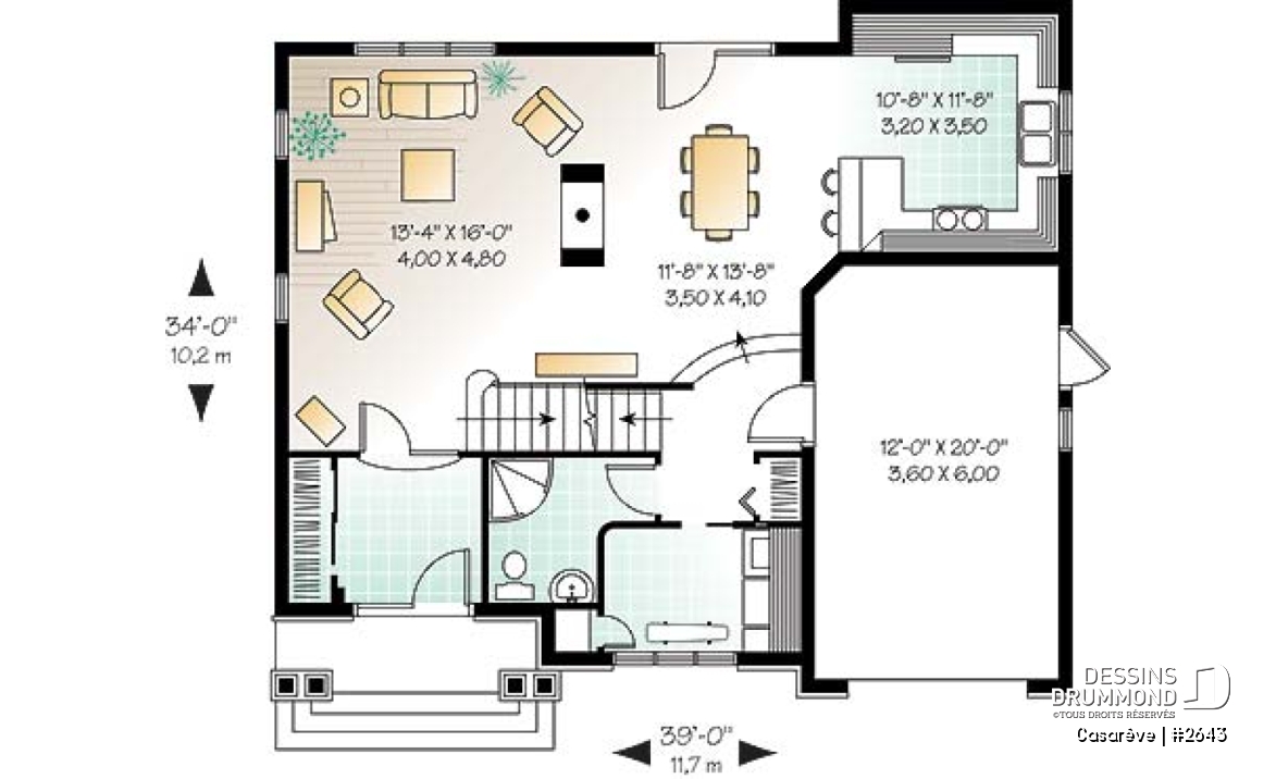 Rez-de-chaussée - Plan de maison 4 chambres, grande salle de lavage, vestibule avec garde-robe, foyer 2 faces, 4 ch. - Casarêve
