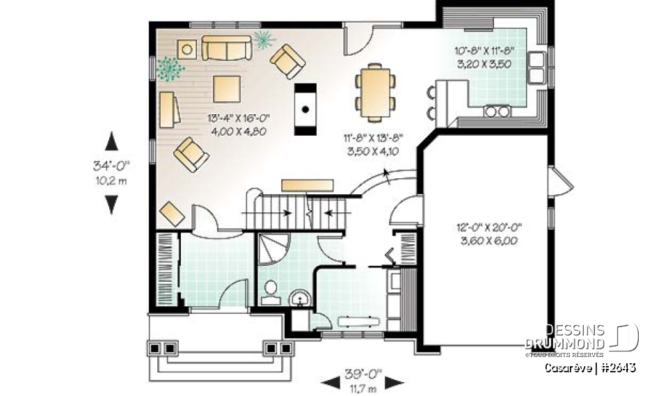 Rez-de-chaussée - Plan de maison 4 chambres, grande salle de lavage, vestibule avec garde-robe, foyer 2 faces, 4 ch. - Casarêve
