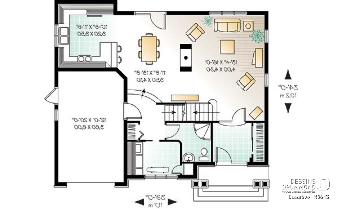 Rez-de-chaussée - Plan de maison 4 chambres, grande salle de lavage, vestibule avec garde-robe, foyer 2 faces, 4 ch. - Casarêve