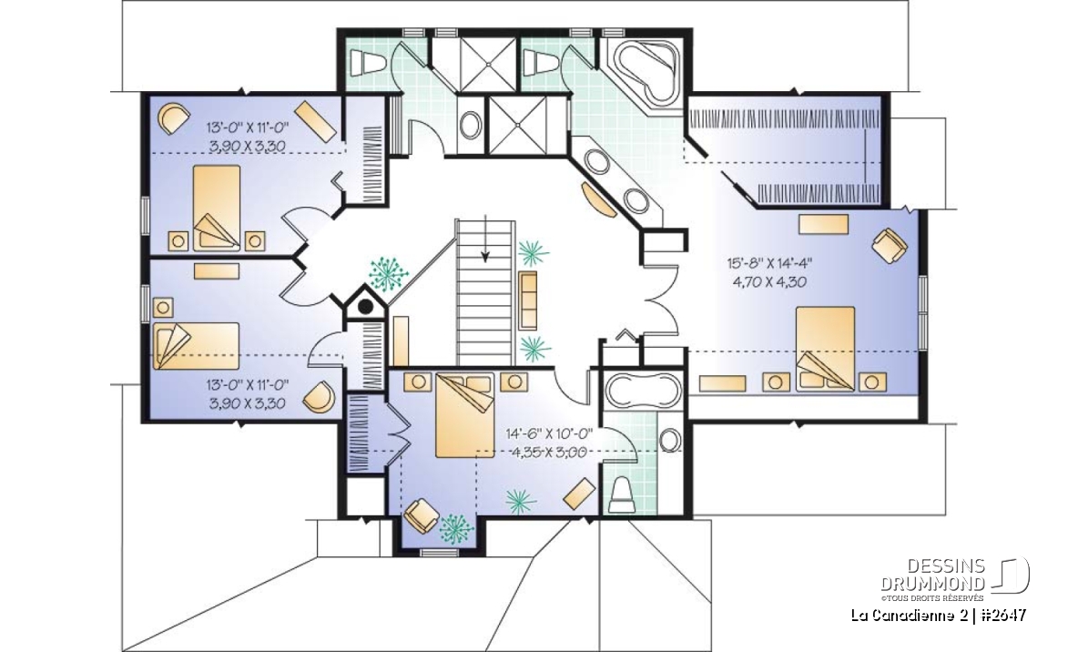 Étage - Plan de cottage champêtre, 3 à 5 chambres, vaste cuisine avec coin déjeuner, plafond 9', bureau à domicile - La Canadienne 2