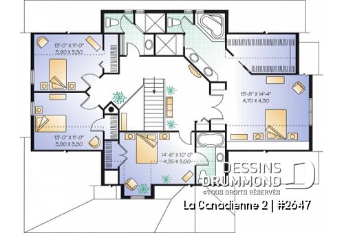Étage - Plan de cottage champêtre, 3 à 5 chambres, vaste cuisine avec coin déjeuner, plafond 9', bureau à domicile - La Canadienne 2