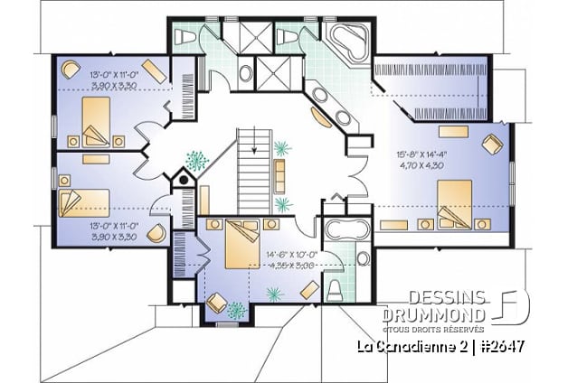 Étage - Plan de cottage champêtre, 3 à 5 chambres, vaste cuisine avec coin déjeuner, plafond 9', bureau à domicile - La Canadienne 2