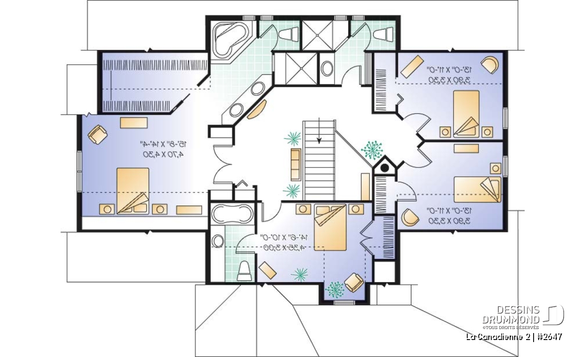 Étage - Plan de cottage champêtre, 3 à 5 chambres, vaste cuisine avec coin déjeuner, plafond 9', bureau à domicile - La Canadienne 2