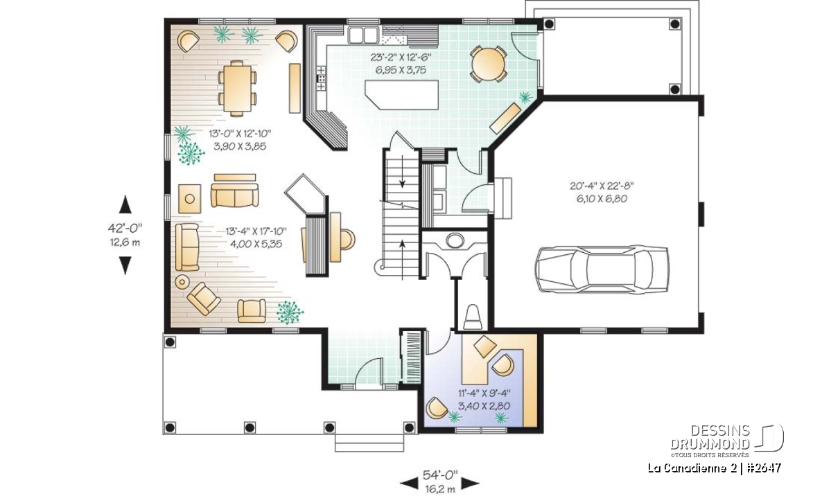Rez-de-chaussée - Plan de cottage champêtre, 3 à 5 chambres, vaste cuisine avec coin déjeuner, plafond 9', bureau à domicile - La Canadienne 2